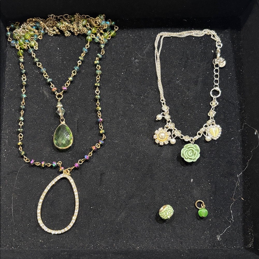 Colorful Light Green Beaded Necklace and Silver Charm Bracelet Set